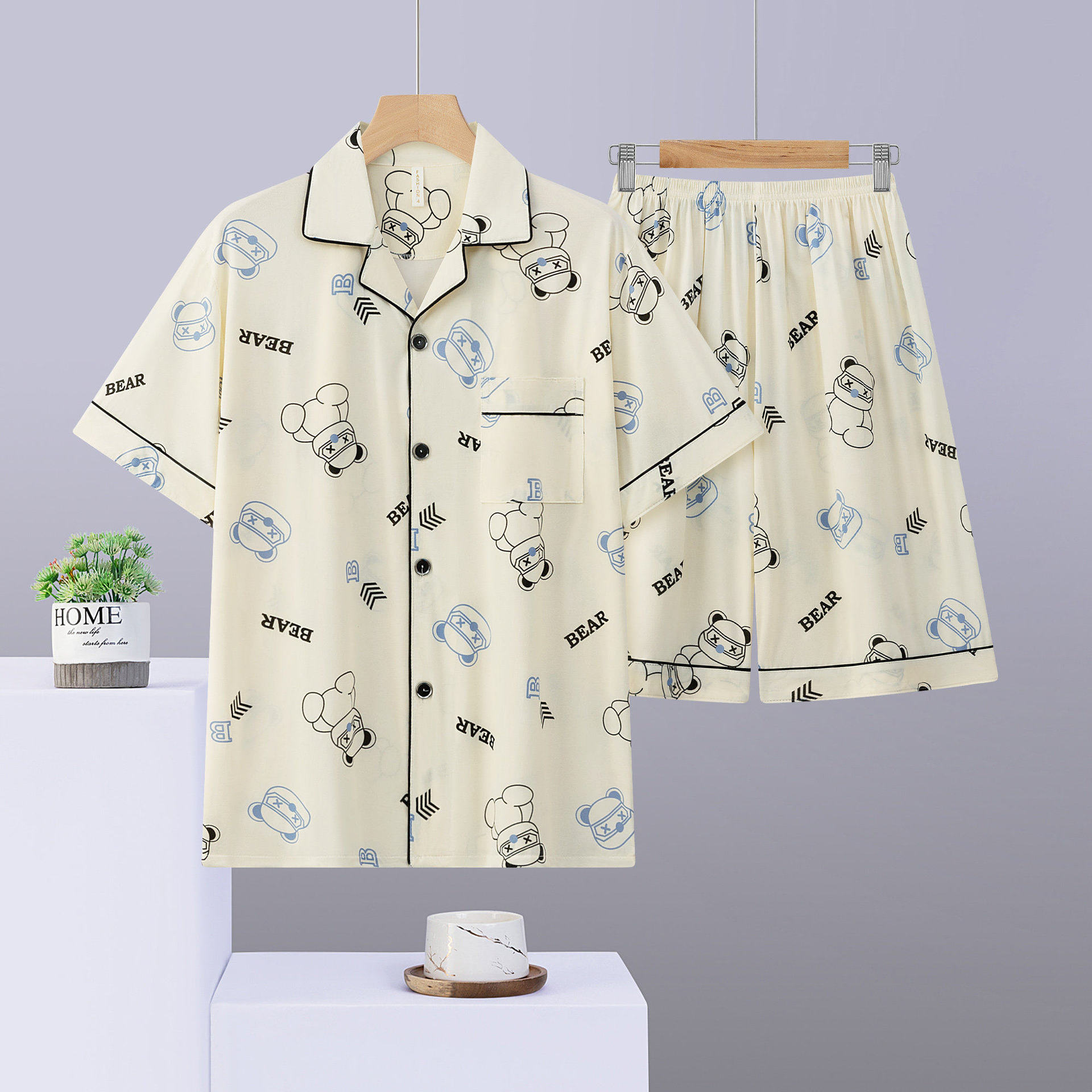 Men's Summer Short-Sleeve Pajamas, Thin Cardigan Style for Young Men, Cartoon Design, Student Large Size Loungewear