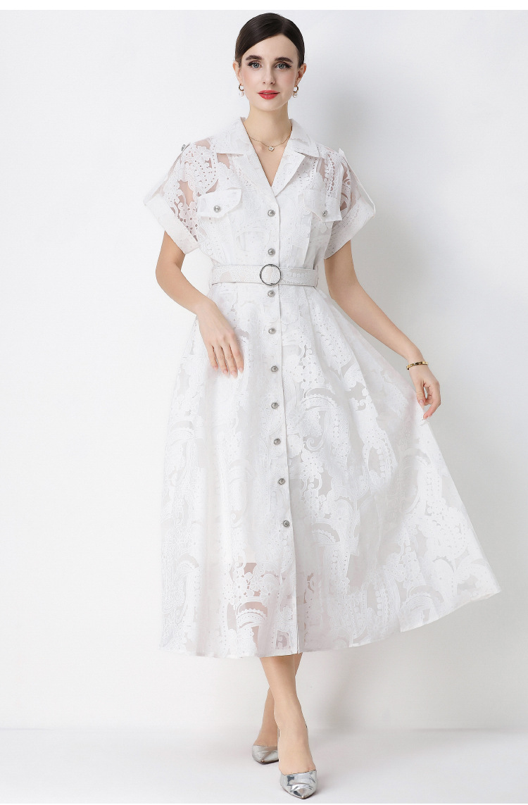 Đầm maxi nữ ren thêu hoa cổ vest cài cúc thắt eo dáng dài thanh lịch — xanh lam, màu trắng, màu vàng chi tiết 11