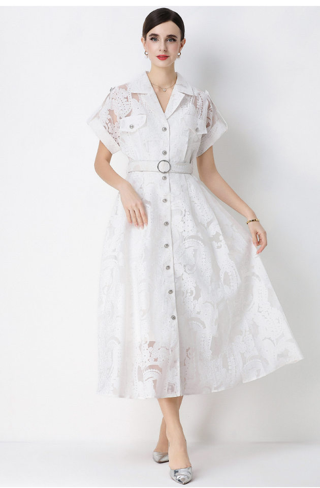 Đầm maxi nữ ren thêu hoa cổ vest cài cúc thắt eo dáng dài thanh lịch — xanh lam, màu trắng, màu vàng chi tiết 11