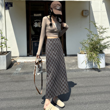 铭海 仿羊绒毛呢格子半身裙女秋冬2025新款高腰A字中长款裙子半裙