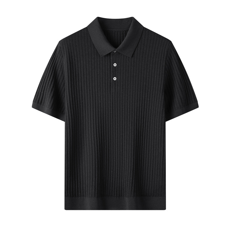 100% Faux Wool Ribbed Old Money Style Men's Knit Polo Shirt, Solid Color T-Shirt with a High-End Feel, Short-Sleeve Top