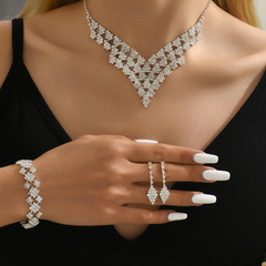 歐美菱形V型大牌閃亮水鑽石女士飾品項鍊耳環耳釘 新娘首飾套裝