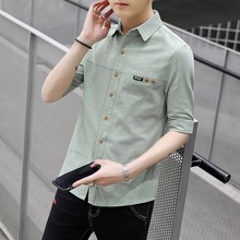 2025春男士中袖衬衫男潮流韩版春季新款修身青年衬衣男休闲衬衫