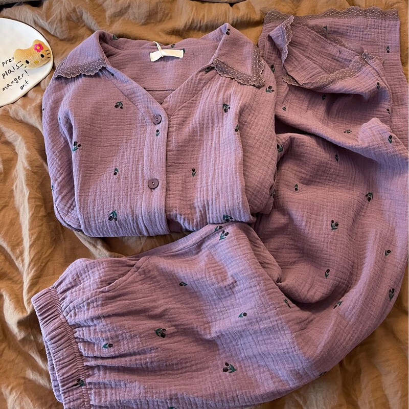 Retro-Style Purple Floral Girl's Pajamas, Spring and Autumn Cardigan with Lapel, Two-Piece Set, Women's Casual Lazy Loungewear Retro-Style Purple Floral Girl's Pajamas, Spring and Autumn Cardigan with Lapel, Two-Piece Set, Women's Casual Lazy Loungewear