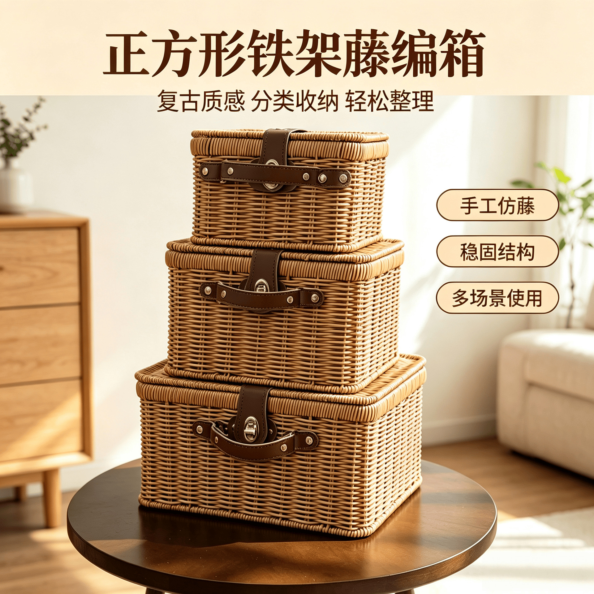 仿藤手提箱收纳伴手礼品包装藤箱婚礼铁架藤编箱中秋礼盒藤编礼盒