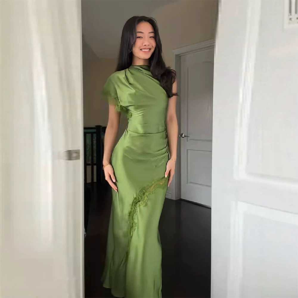 French Retro Satin One Shoulder Dress Slit Design Slim Fit Evening Gown Vintage Formal Party Dress For Women_ecoleips.com