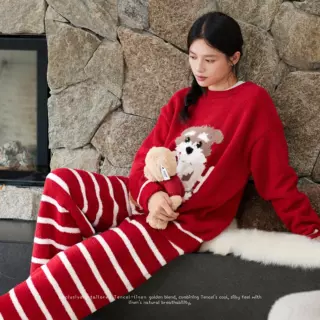 913珂希卡秋冬新款女半边绒睡衣口袋可爱小狗条纹软绵绵家居服套