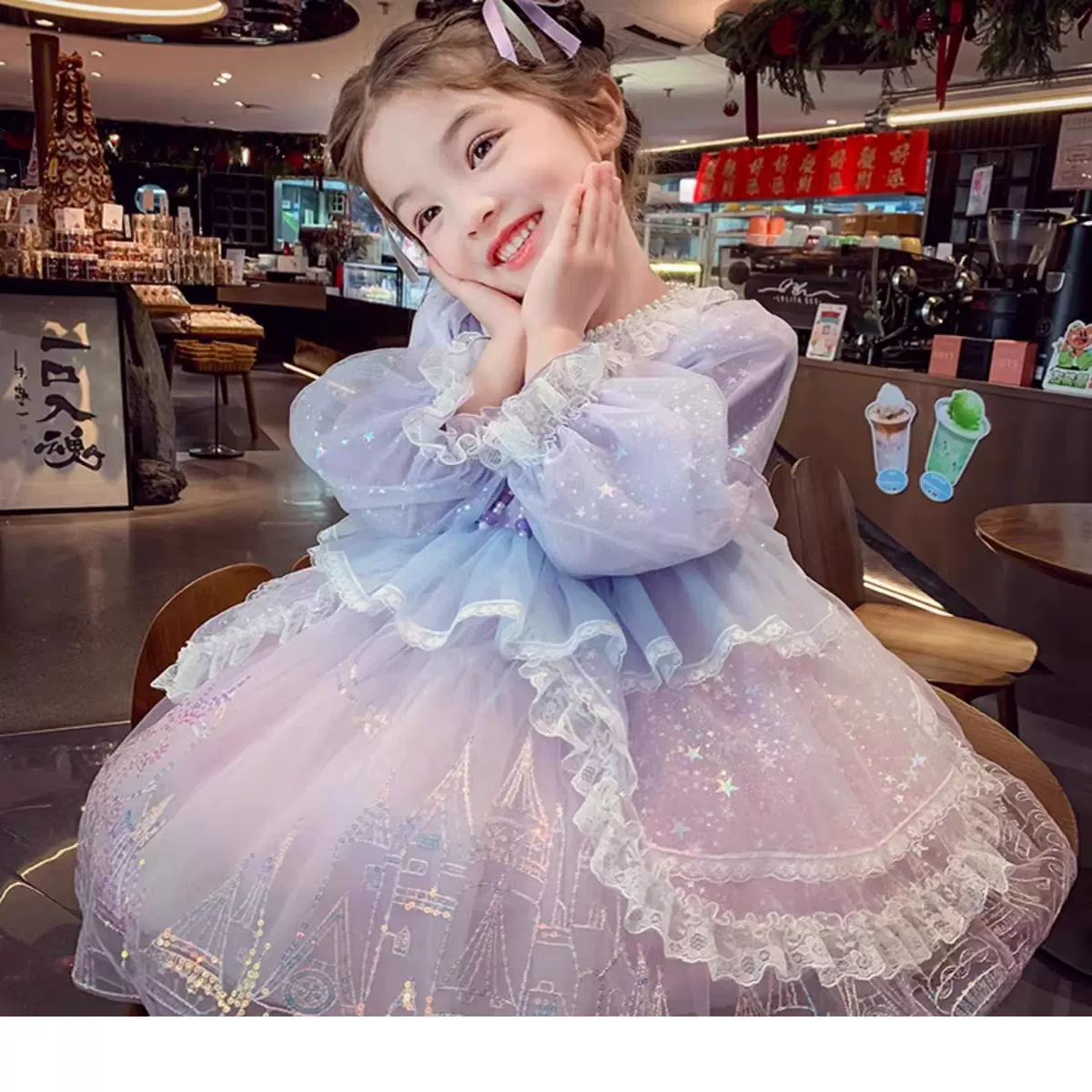 女童公主裙洋气儿童洛丽塔蓬蓬网纱裙春装2025新款女孩长袖裙
