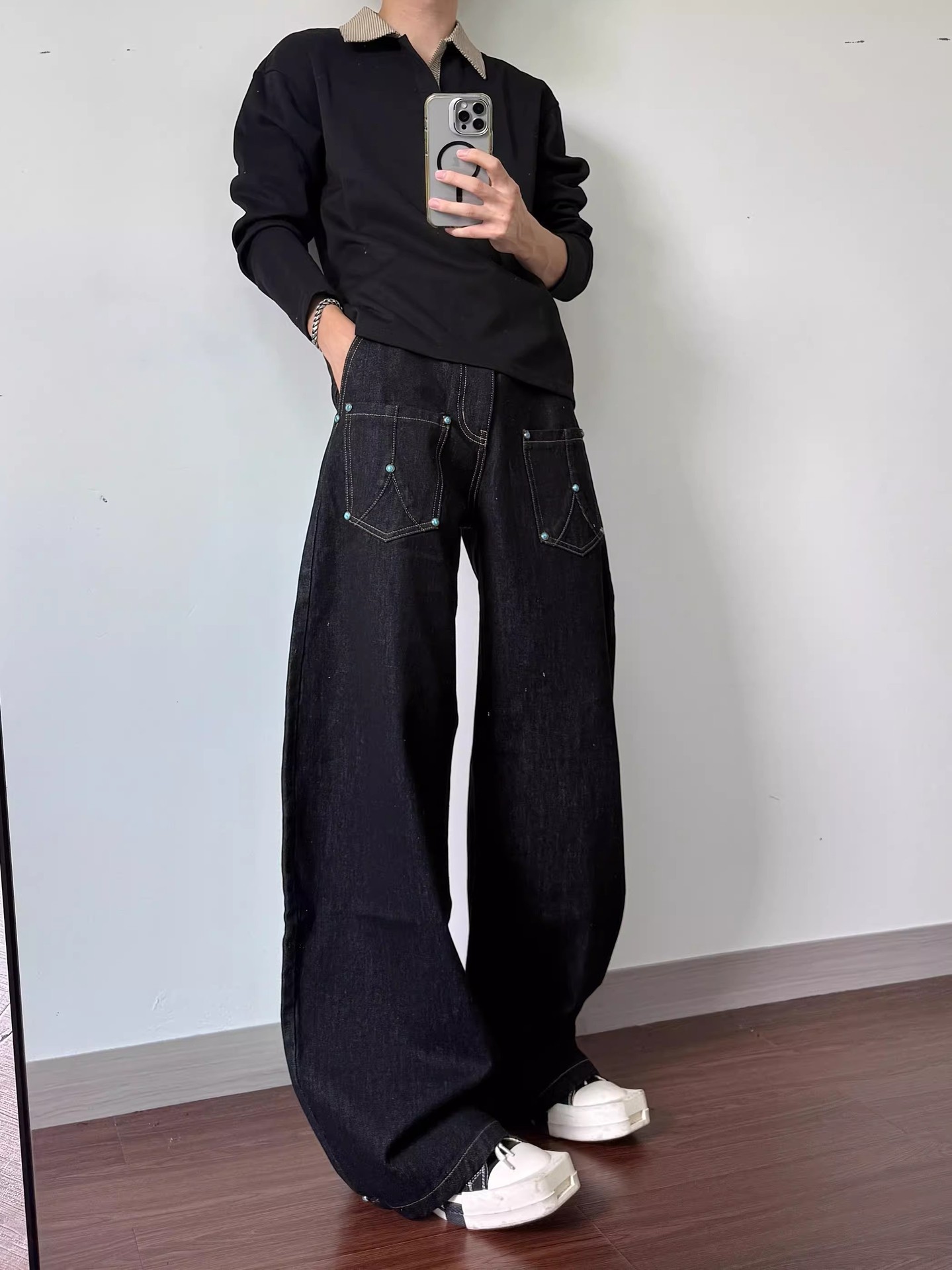 Men's Black Raw Denim Flared Jeans Mid Waist Stretch Straight Leg_voghion.com