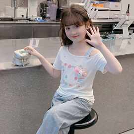 女童短袖T恤2026新款夏季儿童爆款斜肩半袖上衣女孩夏装网红体恤