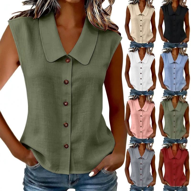 2026 European and American Cross-Border New Style Solid Color Cotton and Linen Lapel Sleeveless Top Loose Casual Versatile Multi-Color Women's Shirt