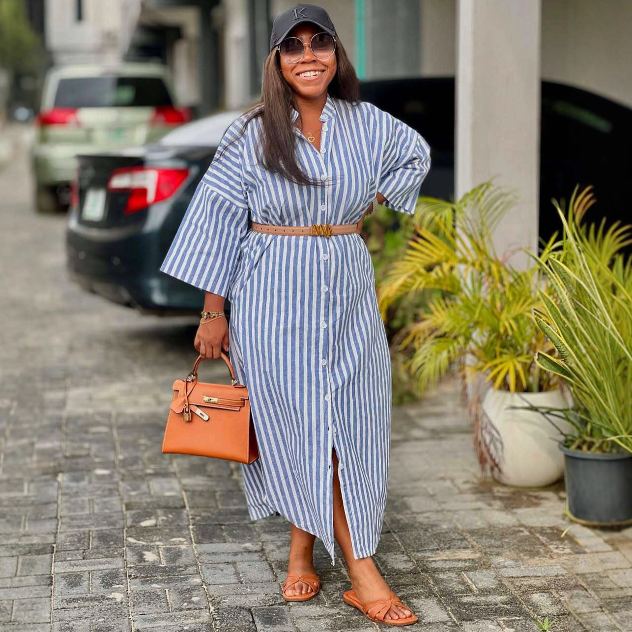 European and American Fashion New Striped Cardigan Three-Quarter Sleeve Shirt Collar Dress Women's African Casual Plus Size Women's Long Skirt