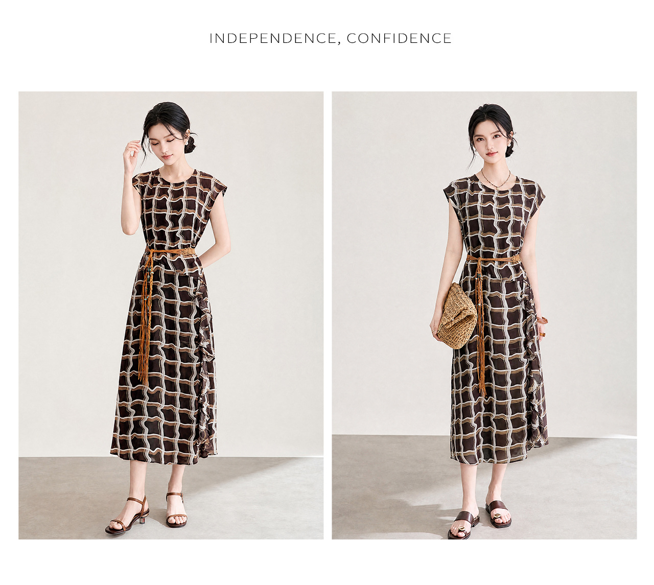 Đầm maxi nữ cổ điển họa tiết kẻ ô vuông, không tay, eo thắt dây, dáng suông dài — xanh lam chi tiết 13