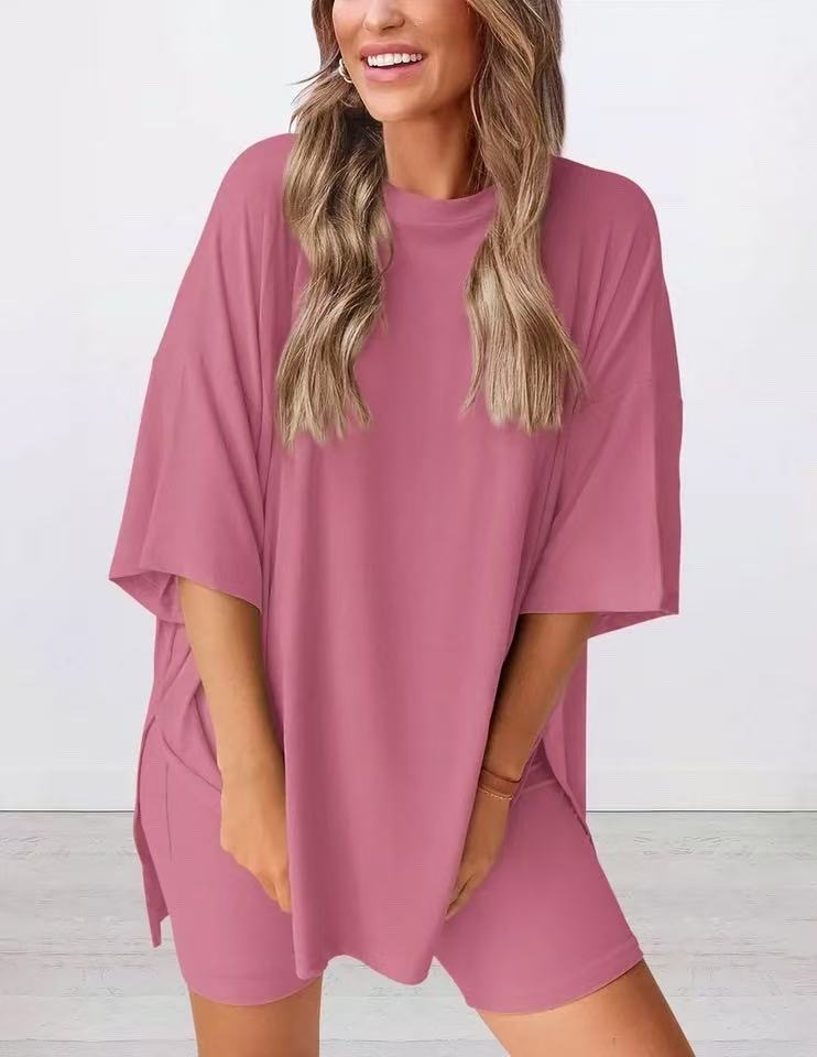 2025 Spring Summer European And American Cross-Border New Loose Fashion Solid Color Casual Short Sleeve Shorts_ecoleips.com