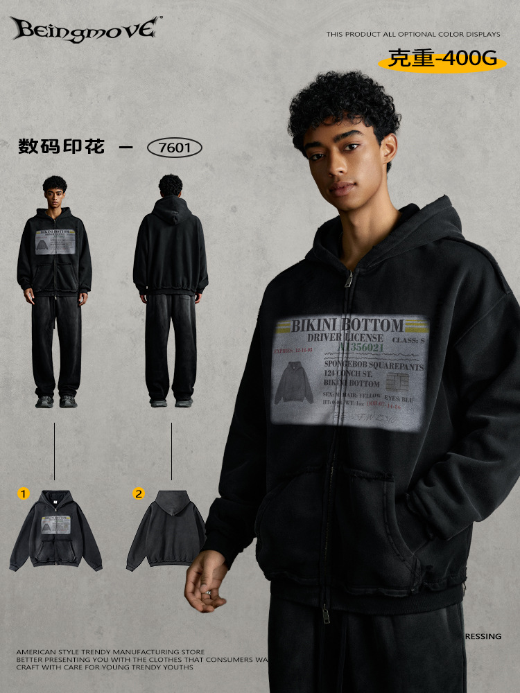 Calle secada| 2025 otoño y invierno marca de moda americana hace la vieja impresión lavada con agua sudadera con capuchina cardigan chaqueta con cremallera para hombre