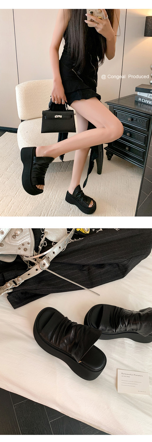 Dép sandal nữ hở mũi đế dày xếp li phong cách La Mã — đen, trắng chi tiết 8