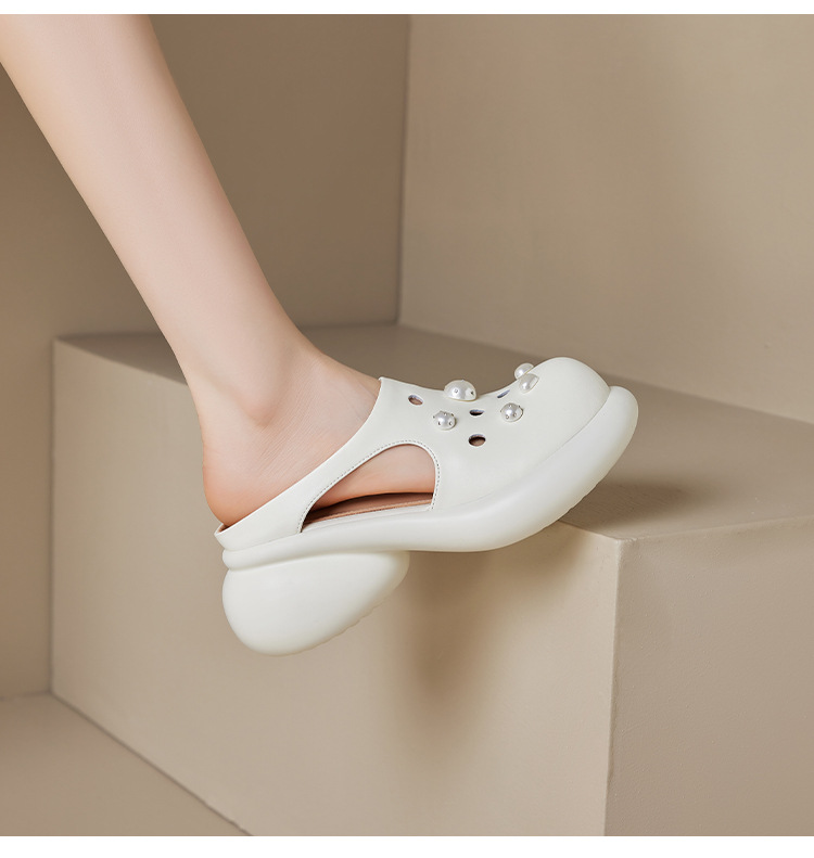 Dép lỗ ngọc trai Yichuan đế dày 6 cm kín mũi, cảm giác bước trên mây, mùa hè — đen chi tiết 13