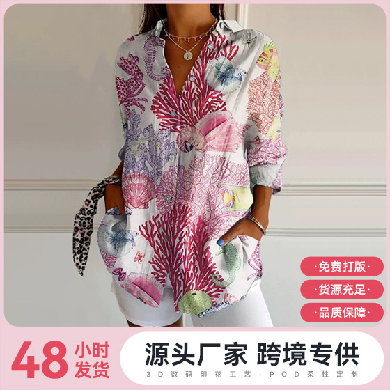2025 New Women's Cross-Border Amazon Summer European and American Trendyy Long-Sleeved Shirts with Floral Pattern Printed 3D Tops