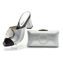 跨境烫钻高跟粗跟休闲鞋配手拿包手拎包外穿欧美时尚鞋包套装