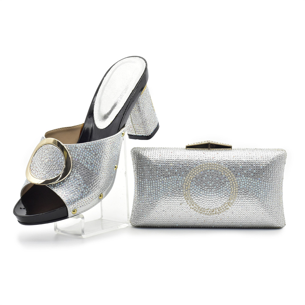 Hot drill high heels thick heels casual shoes with hand bag hand bag to wear European and American fashion shoes bag set_voghion.com