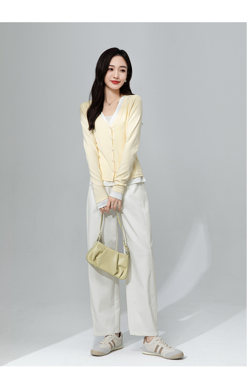 Áo cardigan cotton dệt kim cổ chữ V giả hai mảnh ngắn sành điệu — Màu vàng ngỗng chi tiết 20