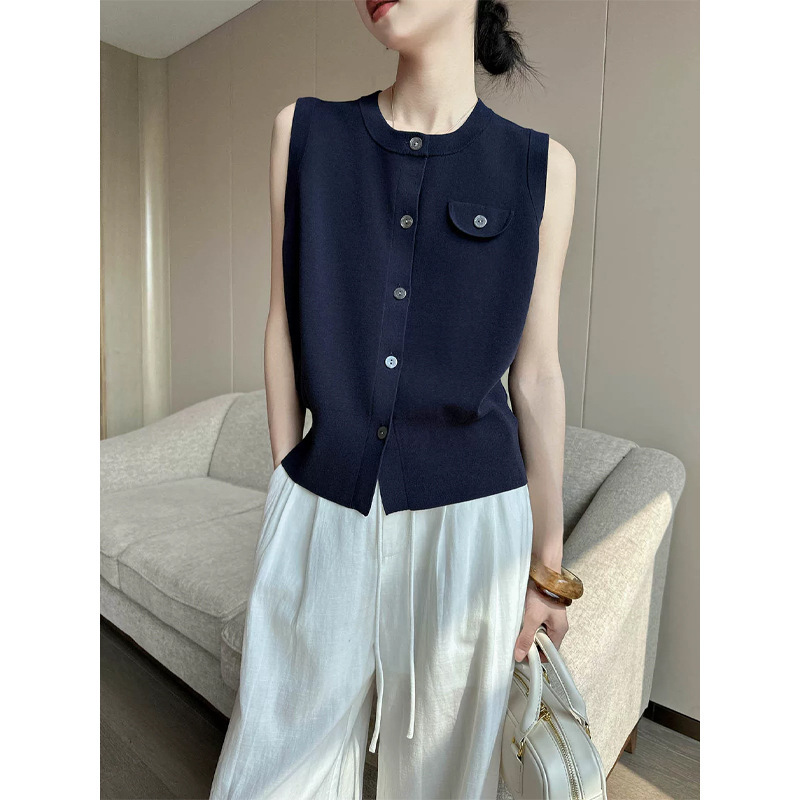 Navy Blue Round Neck Sleeveless Knitted Vest Cardigan for Women Summer 2026 New High-End Slim Fit Top