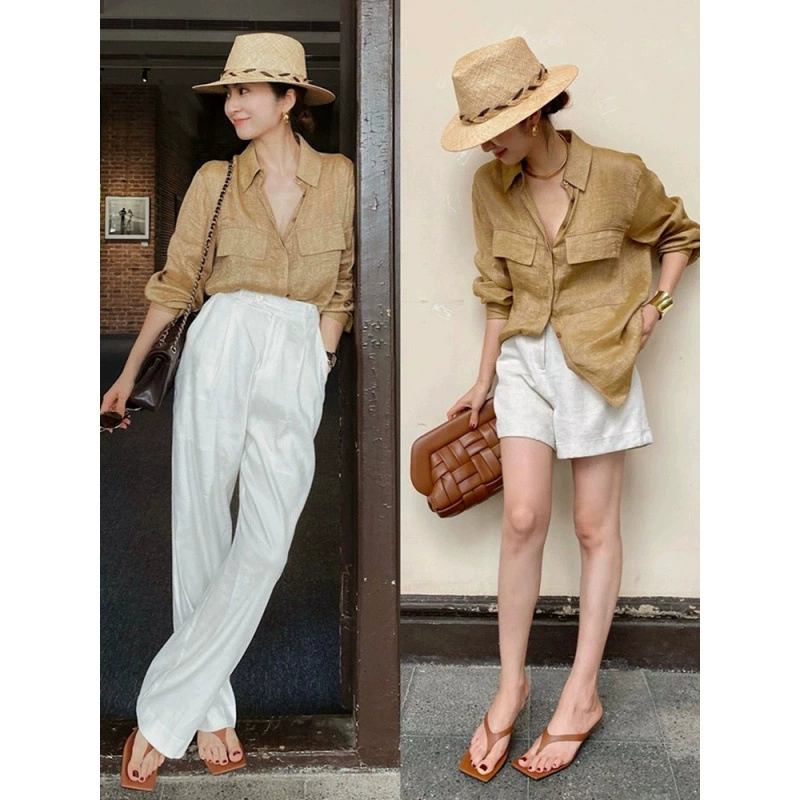 Легкая роскошная женская рубашка в стиле французского стиля, весенне-осенний сезон, высококачественная свободная повседневная льняная рубашка, модный универсальный топ.
