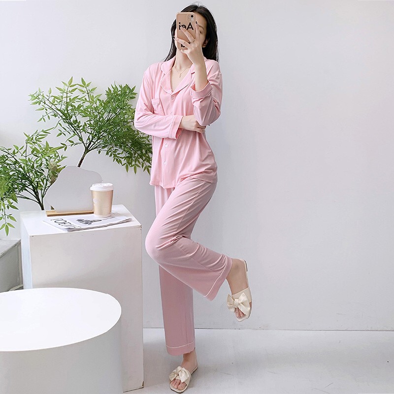 Pajamas summer and autumn modal long-sleeved trousers two-piece thin air-conditioned room fat girl lapel homewear suit Pajamas summer and autumn modal long-sleeved trousers two-piece thin air-conditioned room fat girl lapel homewear suit