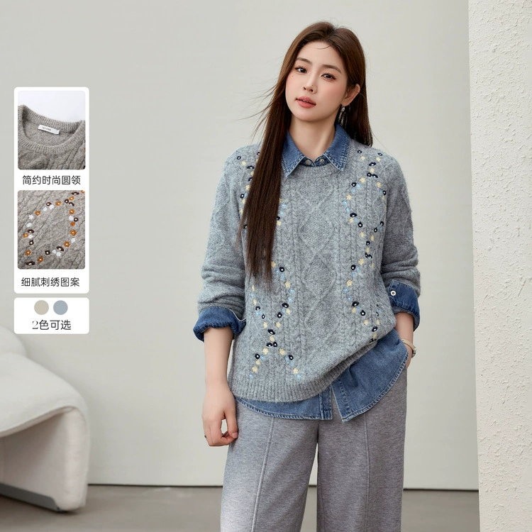 [Ретро нежный ветер вышитый дикий свитер с круглым вырезом] Цветное шоу большой размер женский толстый mm2025 весенний стиль новый