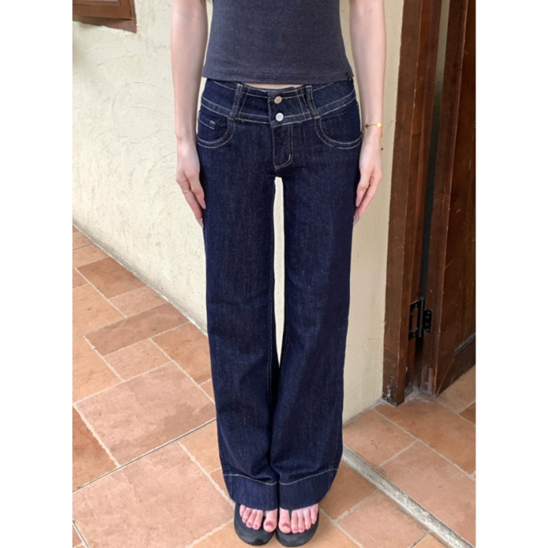 Low-waisted flared jeans for women, 2026 trendy new style, raw denim, dark blue, American style, non-clammy straight-leg pants Low-waisted flared jeans for women, 2026 trendy new style, raw denim, dark blue, American style, non-clammy straight-leg pants