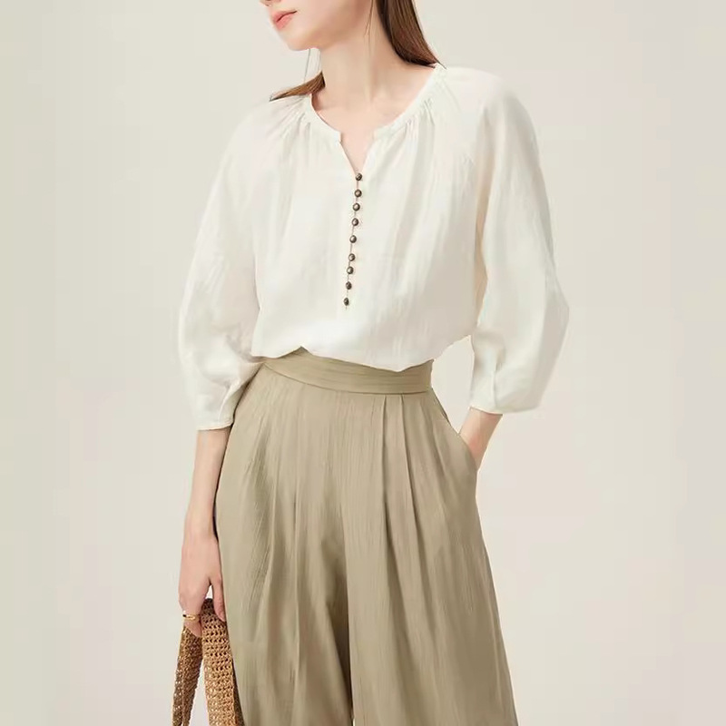 Verslann French Linen Shirt Women's Summer Seven-Sleeve Elegant Commuter Top Loose Lazy Style