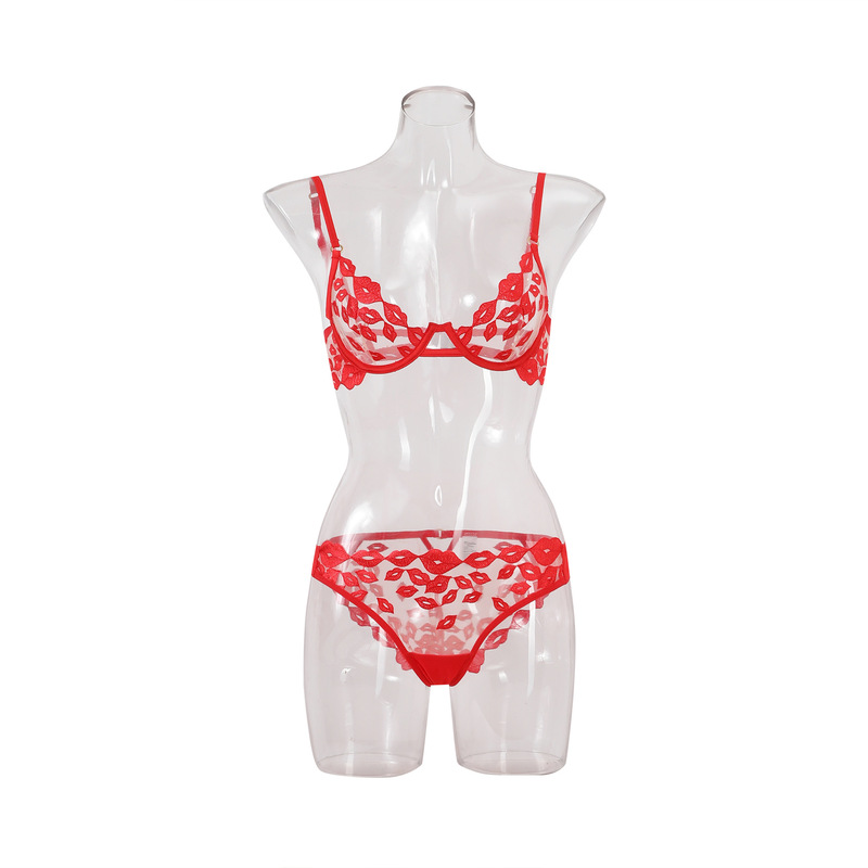 Holiday Valentine's Day Gift Red Lips Sexy Underwear Women's high quality Soft Embroidered Underwear suit Underwear Bra