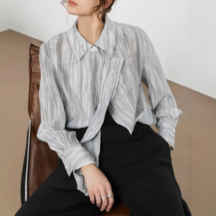 ELLE法式渐变水墨晕染亚麻衬衫女2025春季新款高级感气质小众上衣