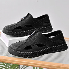 洞洞鞋男夏季新款透氣鏤空皮鞋男一腳蹬軟底防滑休閒中老年爸爸鞋