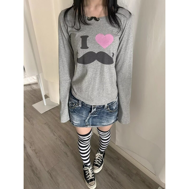 [210g 40-Count Fine Cotton 1*1] American-Style Gray Heart-Shaped Round Neck Long-Sleeved T-Shirt for Women, New Autumn and Winter Top