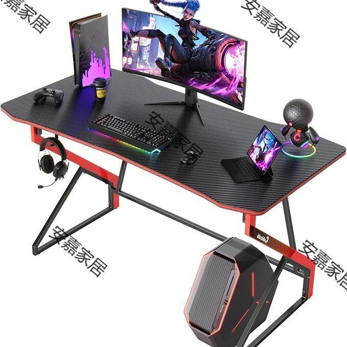Simple Game Table Z-shaped Game Player Workstation, Game Table PC Desk with Headset Hook