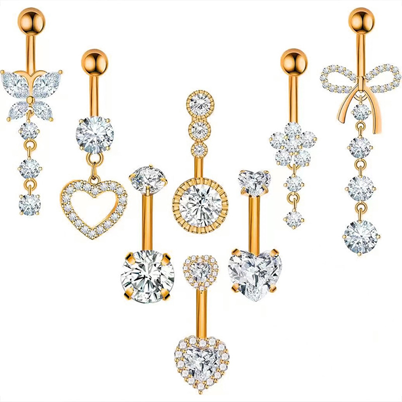Set di otto pezzi in acciaio inossidabile per piercing all'ombelico con cuore e fiore, intarsi in zircone, gioielli semplici per piercing all'ingrosso_voghion.com