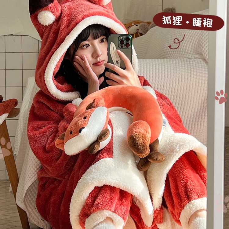 Luna Wonderful Journey Fox Coral Fleece Pajamas Women's Couple Nightgown Winter Flange Plush Nightgown Thickened One-piece