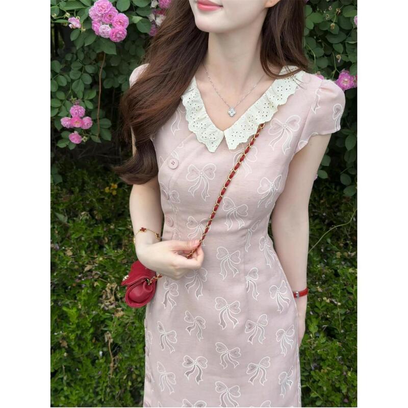 Doll collar hollow bow cheongsam 2025 summer new gentle sweet girl style dress