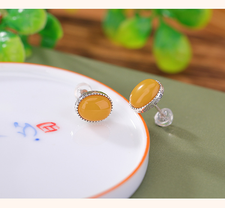 Bông tai hình bầu dục bạc S925 đính sáp ong phong cách dân tộc — Một cặp chi tiết 4