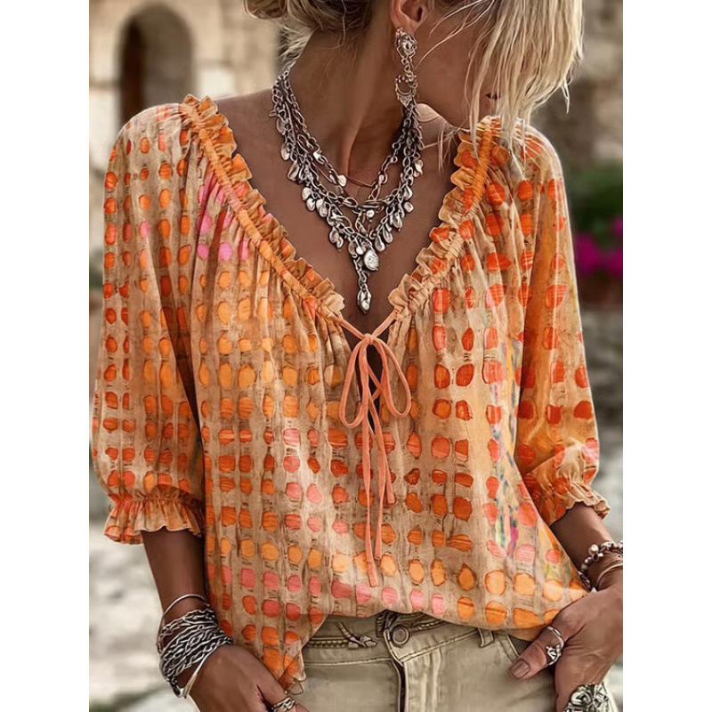 European and American cross-border bohemian style V-neck linen-like shirt for women, new summer printed loose casual top with ribbons 1 European and American cross-border bohemian style V-neck linen-like shirt for women, new summer printed loose casual top with ribbons 1