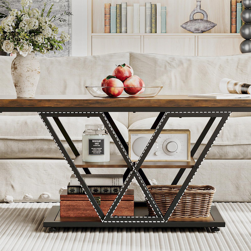 Factory Hot-Selling Industrial-Style Three-Tier Coffee Table with Storage Function, Farmhouse-Style Wooden Rectangular Shape