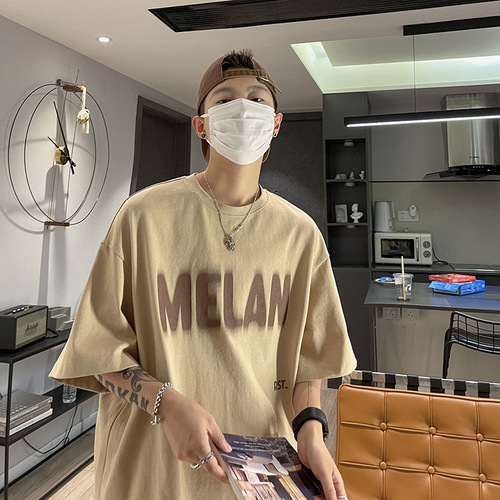 Men's Short Sleeve T-Shirt with Hong Kong Style Print, Round Neck, Hong Kong Style, Simple and Versatile, Trendy Brand, 5/8 Sleeve Top