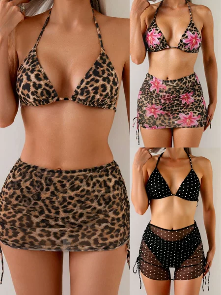 European and American Cross-Border Export European and American Leopard Print Bikini Three-Piece Sexy Halterneck Three-Point Vacation Swimsuit