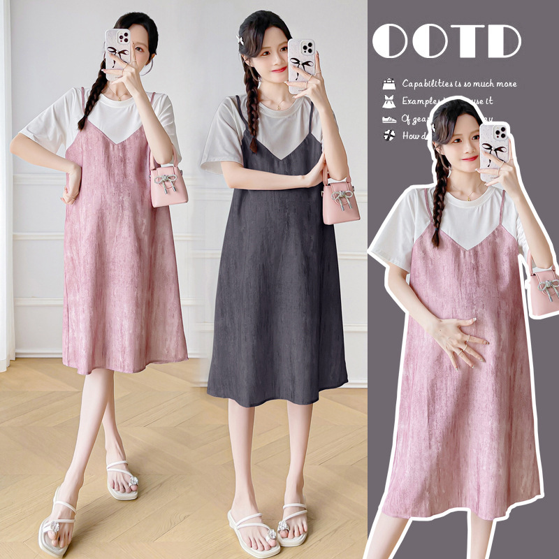 2024 Maternity Summer New Casual All-match Fake Two-piece Stitching Loose Slimming Temperament dress