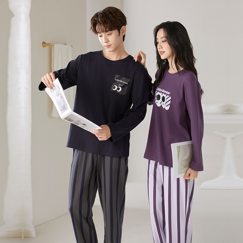 Pajamas for Couples, Long-Sleeved Pants, Round Neck Pullover, Casual Men's Pure Cotton Home Clothes, Cartoon Women's Pajamas That Can Be Worn Outside