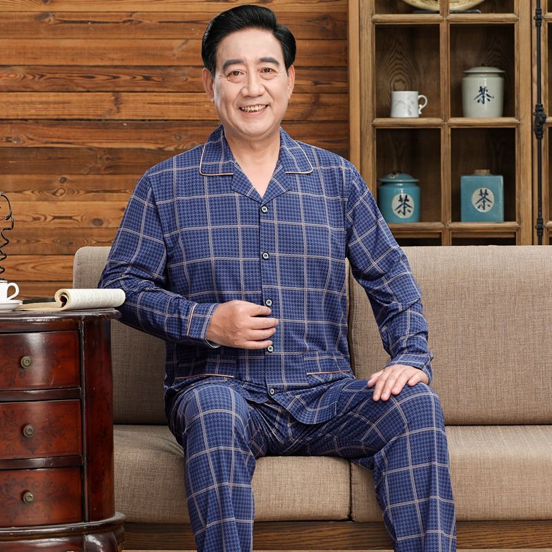 Pijamas de mediana edad y ancianos hombres 100% algodón primavera y otoño manga larga otoño e invierno más tamaño viejo papá traje de uso doméstico