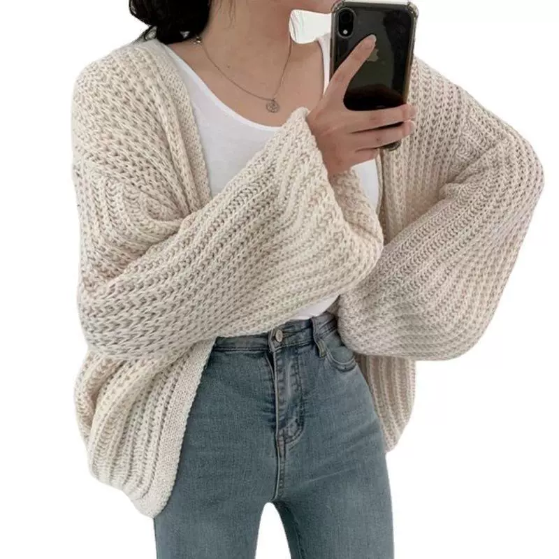Вязаный кардиган oversize с V-образным вырезом, корейский стиль, женский, высокий воротник, единый размер