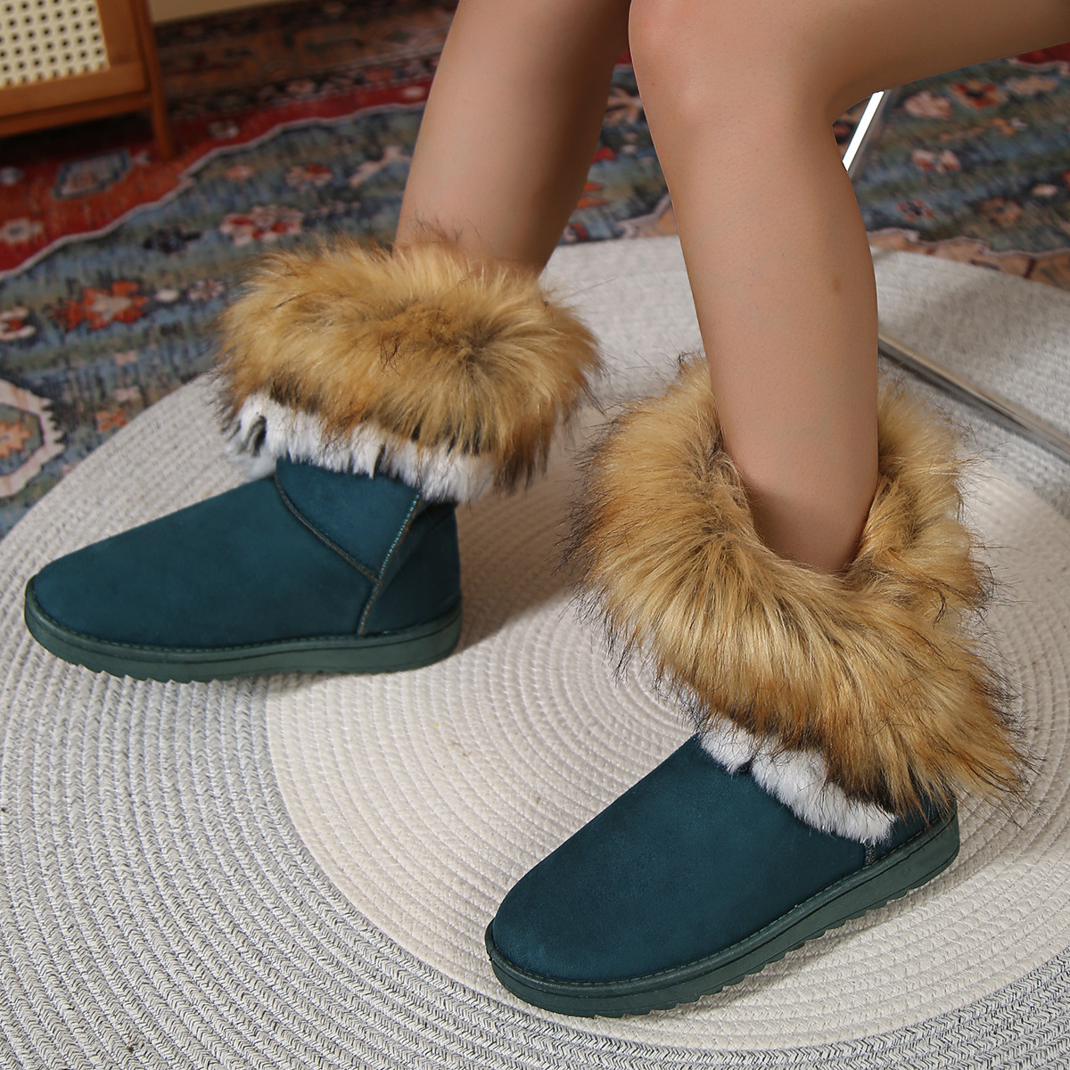 New round toe flat wool and fleece warm cotton boots_voghion.com