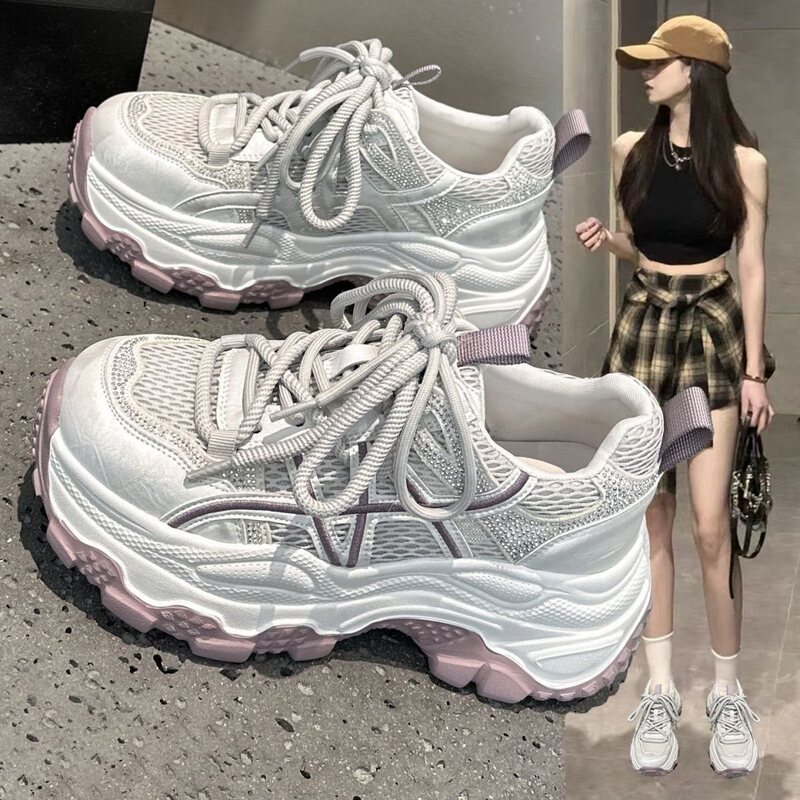 European-Style Breathable Dad Sneakers for Women, 2026 New Fashion Model with Rhinestones, Thick-Soled Height-Increasing, Very Stylish Sports Casual Shoes